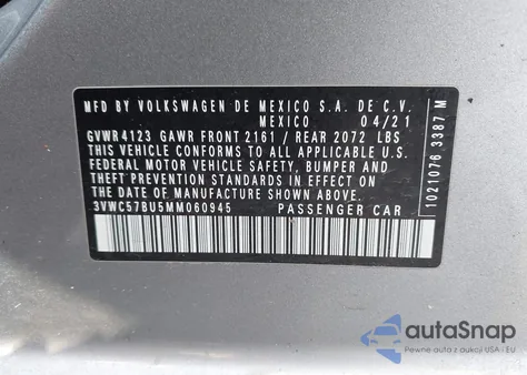 2021 Volkswagen Jetta 1.4T R-Line/1.4T S/1.4T Se z USA, uszkodzony, nr VIN 3VWC57BU5MM060945
